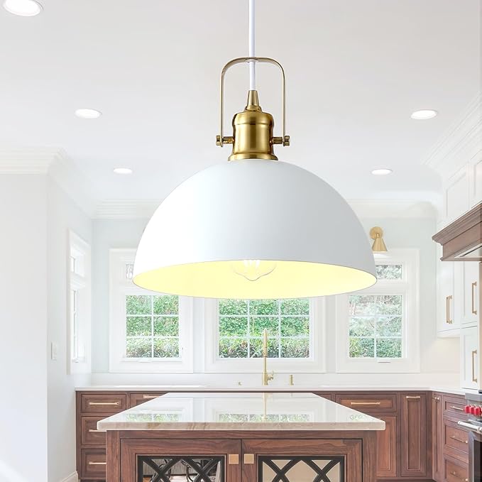 Modern Pendant Lights, 9.84" White Gold Metal Ceiling Hanging Light, Pendant Lighting for Kitchen Living Dining Room Restaurant Hallway Entrance
