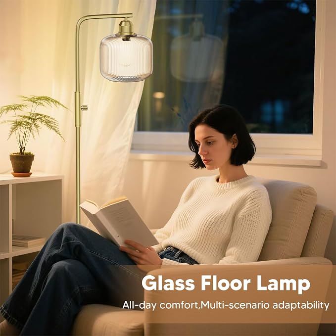 66" Dimmable Gold Standing Lamp with Champagne Ribbed Glass for Living Room | Vintage Floor Lamp with Brushed Gold, Stepless Rotary Switch and 3000K LED Bulb, Arc Floor Lamp for Bedroom & Study Room