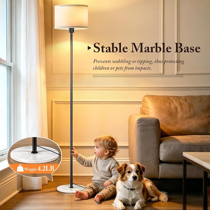 63" Black Floor Lamps for Living Room, Standing Lamp with Marble Base | Tall Pole Light with White Linen Shade, Modern Floor Lamp for Bedroom Reading Office Corner Nursery, Bulb Included