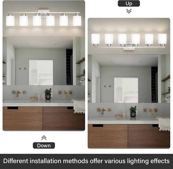 FonmYim Brushed Nickel Bathroom Light Fixtures Vanity Lights Over Mirror | Modern 6-Light lighting fixtures for bathroom with Milky White Frosted Glass Shades, E26 Socket (Bulbs Not Included)