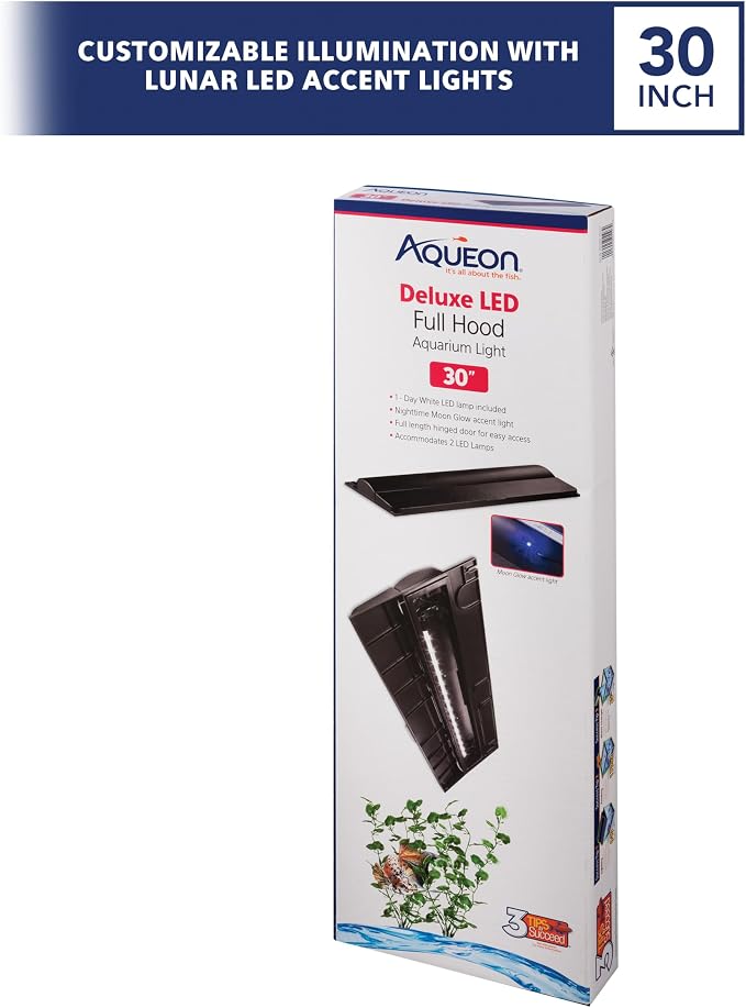 Aqueon LED Deluxe Fish Tank Aquarium Full Hood, Black, 30 Inch | 30-inch LED hood reduces evaporation and illuminates aquariums