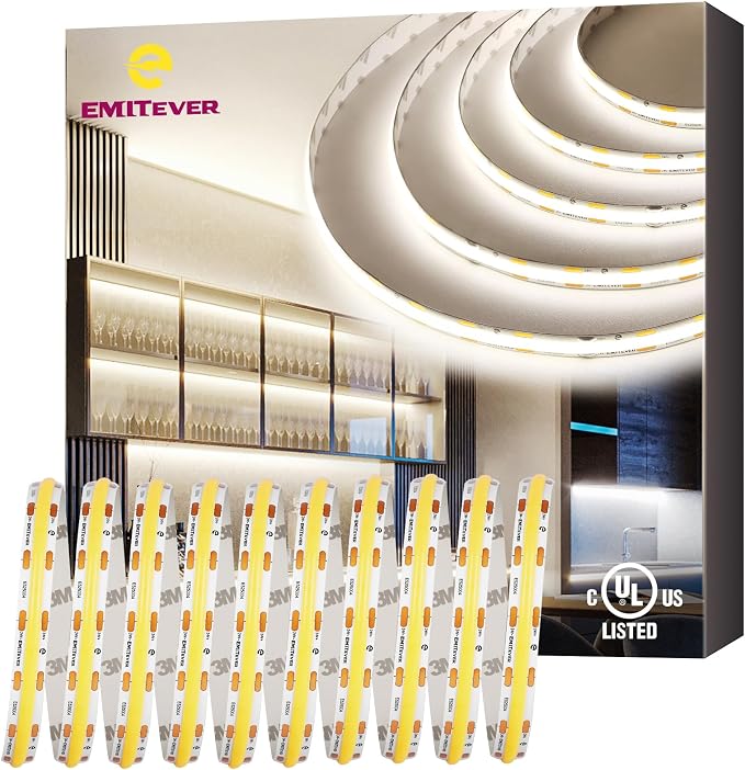 EMITEVER COB LED Strip Lights Neutral White 4000K,UL 24V,32.8ft 4800LEDs | Ra 90+,IP30,3W/ft,305+Lumens/ft,5 Year Warranty(Power Supply Sold Separately)for bedroom,living room,kitchen