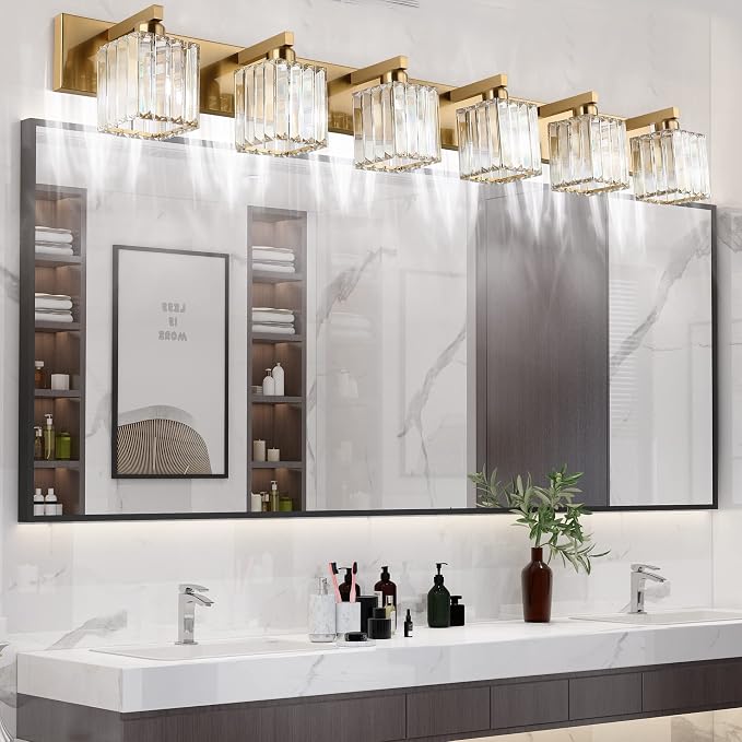 Aipsun Bathroom Vanity Light Brass Crystal Vanity Lighting Fixtures 6 Light Modern Bathroom Lighting Fixtures (Exclude Bulb)