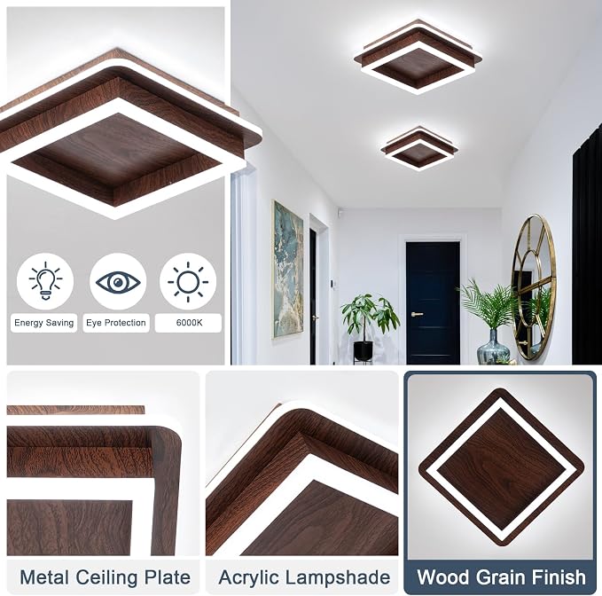 CANEOE Square Modern LED Light Fixture, 32W Flush Mount Hallway Light, 6000K Small Close to Ceiling Lamp for Living Room, Bedroom, Kitchen, Balcony, Cloakroom (Wood, 1 Pack)