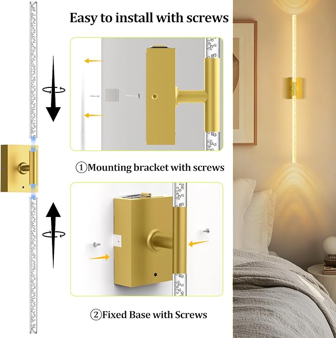Crystal Bubble Gold Wall Sconces Set of 2, 31.5" Lamp Decor | 10000mAh Rechargeable, Wireless Lights with Remote & 360° Rotate, 4 Color Temps Dimmable, for Bedroom Living Room Mirror