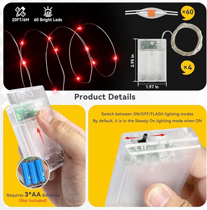LitHome 4 Pack Red Fairy Lights Battery Operated, Each 20 FT 60 LED | Halloween Twinkle Lights Battery Operated 2 Modes, Waterproof Fairy String Light for Party Wreath Garland Table Decor
