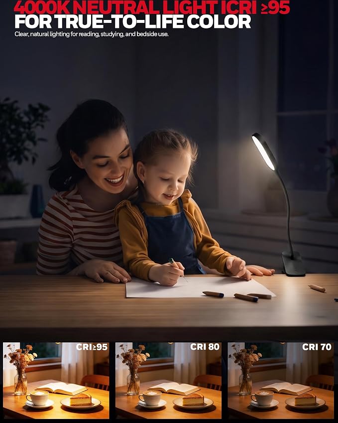 Honeywell Clip On Reading Light, Rechargeable Gooseneck CRI95 4000K Dimming | 2000mAh Battery,Touch Desk Lamp White Light Mode,Eye-Caring Study Lamp With Clamp for Bed/Headboard/Table/Dorm/Home Office