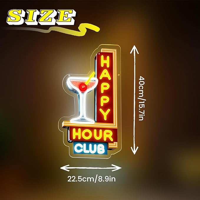 Happy Hour Neon Signs Dimmable Retro Led Happy Hour Club Neon Light for Bar Club Pub Party USB Powered Neon Light Sign Man Cave Gifts(Yellow)