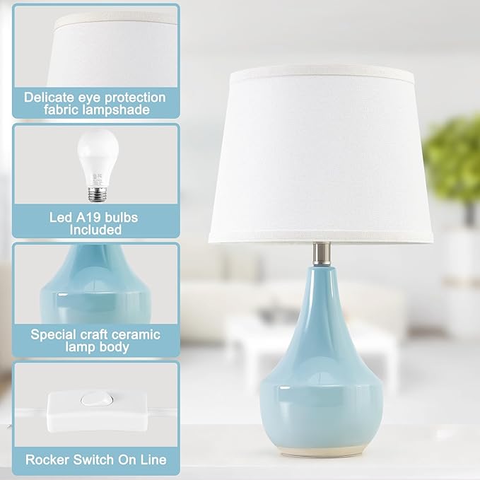 GyroVu 18" Table Lamp Set of 2, Ceramic Lamp Classic Beside Lamps Nightstand Lamp Modern Cute Lamp for Living Room, Bedroom & Office Rocker Swtich Sky Blue-LED Bulbs Included
