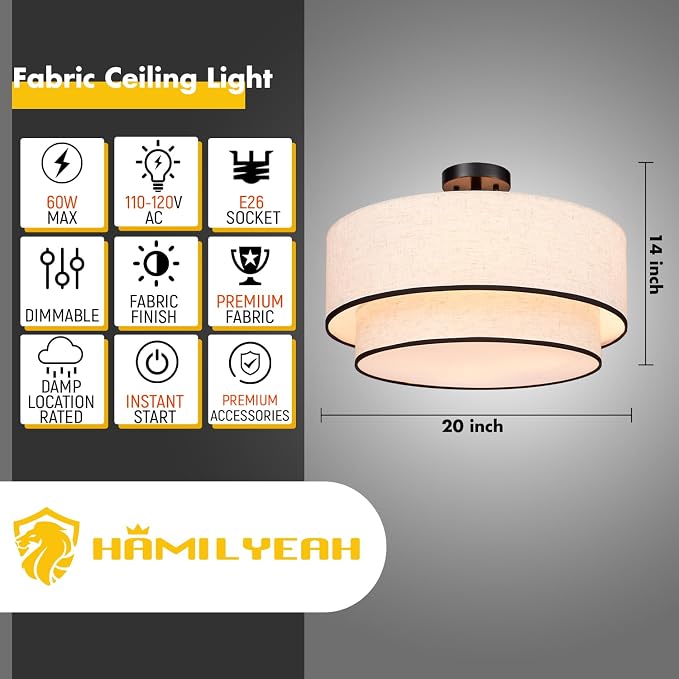 Hamilyeah 20 inch Semi Flush Mount Ceiling Light Fixture with Fabric Shade, Beige Double Layer Light Fixture with 4 Light, Modern Close to Ceiling Lighting for Living Room, Bedroom