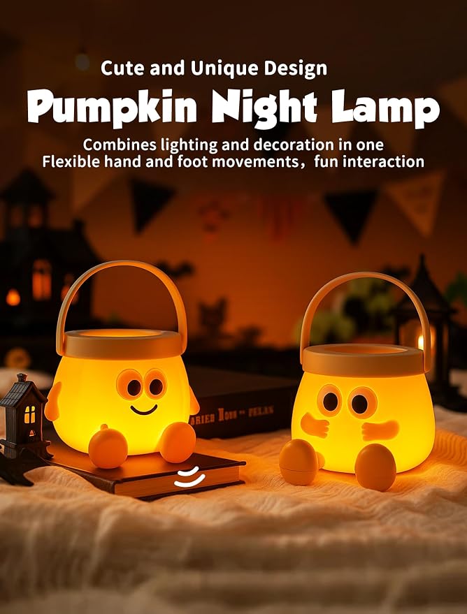 Pumpkin Night Light for Kids, Halloween Pumpkin Lamp, Fall Decor | Portable Halloween Lamps, Rechargeable Table Lamp for Halloween Decorations Indoor Gifts