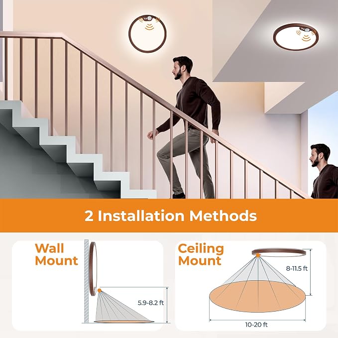 Motion Sensor Ceiling Light Wired, 8.7 Inch 3000K 4000K 5000K Selectable LED Flush Mount Light Fixture, Motion Activated Light with Timer for Hallway Stair Walk-in Closet, Non-Dimmable - Walnut
