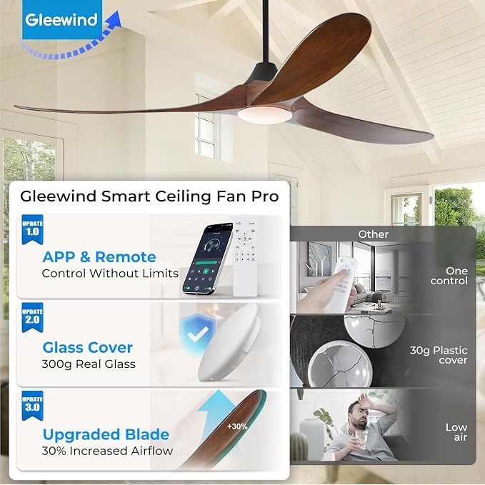 72 inch Outdoor Ceiling Fan with Lights-Glass Lamp, Large Damp Rated Wood Propeller Blades for Big Patios & Porch, Smart APP and Remote Control, 3 Blades Dimmable LED Ceiling Fans, High CFM-Walnut