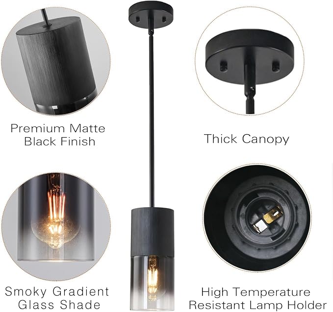Pendant Light Fixtures, Adjustable Modern Pendant Lights for Kitchen Island, Industrial Glass Pendant Lights for Dining Table Hallway Bedroom Living Room Black 2 Packs