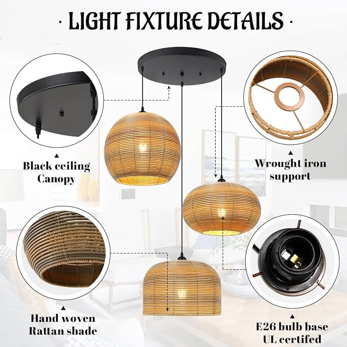 3-Light Large Wicker Chandelier Woven Ceiling Hanging Light | Cluster Rattan Pendant Light Vintage Boho Adjustable Pendant Lamp ,59" Adjustable for Dining Room Kitchen Stairwell Cabinets