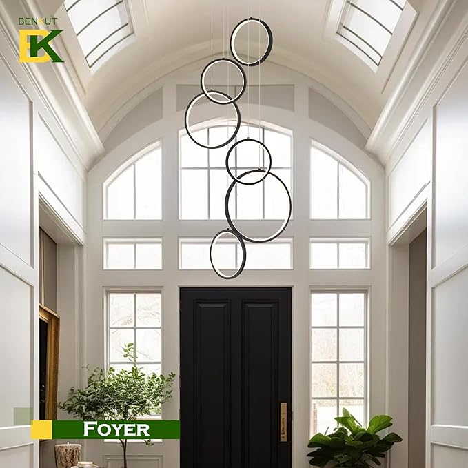Modern LED Chandelier 6 Ring Black LED Pendant Light Adjustable Height Hanging Ceiling Light Fixture Dimmable Chandelier Ceiling Hanging for Foyer, Entryway (98.5in 3000K-6500K)