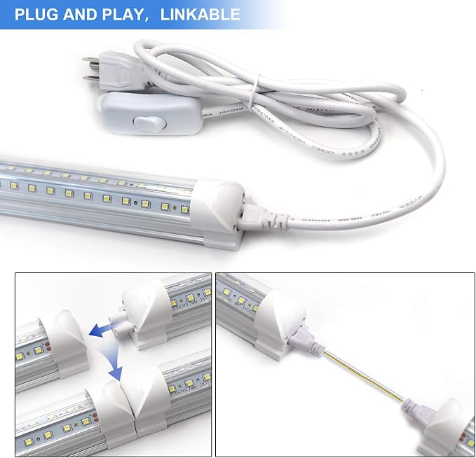 10-Pack 8ft LED Shop Light Fixture - 90W T8 Integrated LED Tube Light - 6500K 12000LM V-Shape Linkable - High Output - Clear Cover - Plug and Play - 270 Degree Lighting for Garage, Shop, Barn