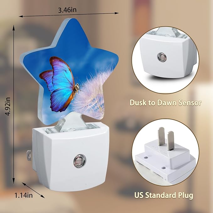 Blue Butterfly Dandelion Night Lights Plug into Wall with Dusk to Dawn Sensor,Lamp for Bedroom Bathroom Hallway Nightlight for Women Girls