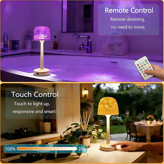 Waterproof Bathroom Lamp with 16 Color Ocean Wave Projector, Rechargeable Shower Light with Touch & Remote Control, Cordless Light for Inside Shower/Bathtub (Natural Wood Color)