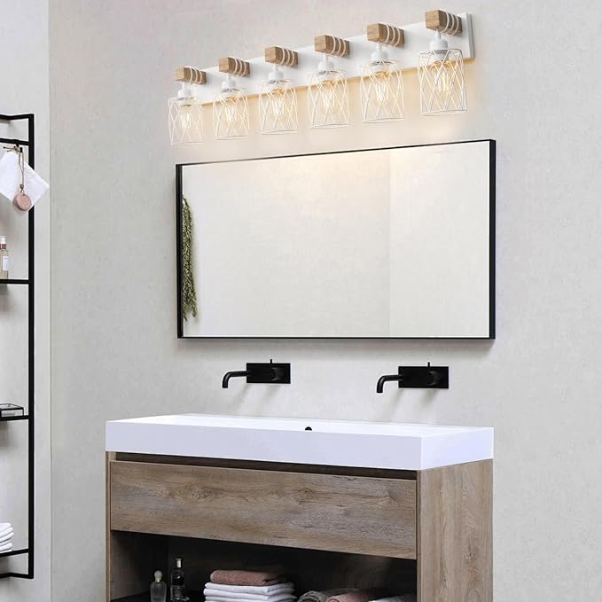 IZORRO Farmhouse Bathroom Vanity Light, 6-Light Wood Bathroom Light Fixtures Over Mirror, Matte White Industrial Vanity Lights with Metal Shade, Rustic Restroom Lighting Fixtures
