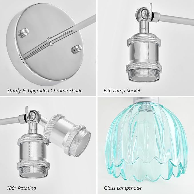 Vintage Battery Operated Wall Sconce, Sky Blue Tulip Glass Lampshade Wireless Rechargeable Battery Powered LED Wall Light with Remote Dimmable for Bedside Bedroom Living Room, Silver, Set of 2