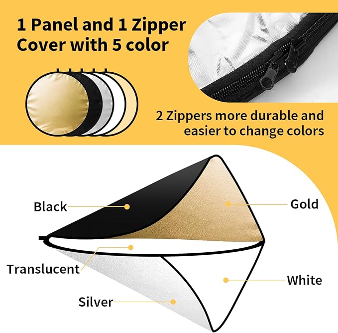 24/32/43/52in Photography Reflector, 5 in 1 Light Diffuser with Panel&Bag, Light Reflectors for Photography, Ideal for Content Creator Essentials&Photographer in Silver,Gold,White and Black