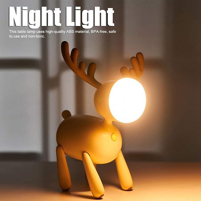 LED Night Light, Cute Deer Night Lamp, Cartoon Deer-Shaped Table Lamp, Portable Reading Table Night Lamp USB Charging Bedroom Decoration(Light Brown)