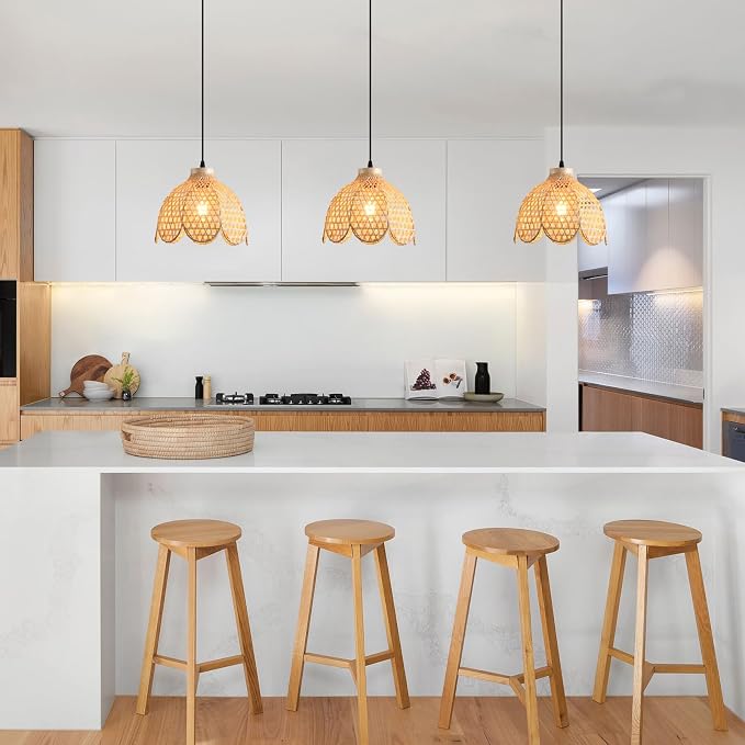 3-Pack Bamboo Pendant Light Mini Rattan Chandelier | 10.6" Boho Bamboo Rattan Pendant Lights,Hand Woven Rattan Chandelier for Kitchen Island Dining Bedroom Living Room