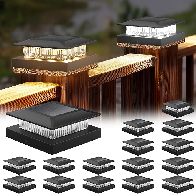 16 Pack Solar Post Cap Lights 4x4, Dual-Color Waterproof Fence Post Solar Lights, Fits 4x4 Vinyl or 3.5x3.5 Wood Posts, Dusk to Dawn Outdoor Lighting for Deck, Garden & Porch Decor, Black
