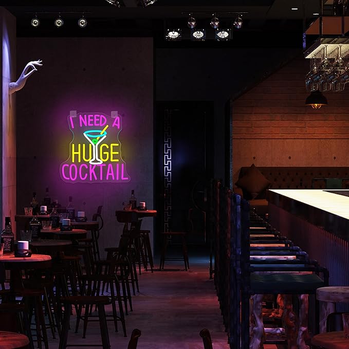 Cocktail Neon Sign I Need A Huge Cocktail Led Neon Lights, Bar Lights for Wall Decor, Colorful USB Light Up Sign Letter Neon Wall Decor for Gift Store Beer Bar Restaurant Man Cave Hotel Bedroom Window Cafe Bistro Club Party