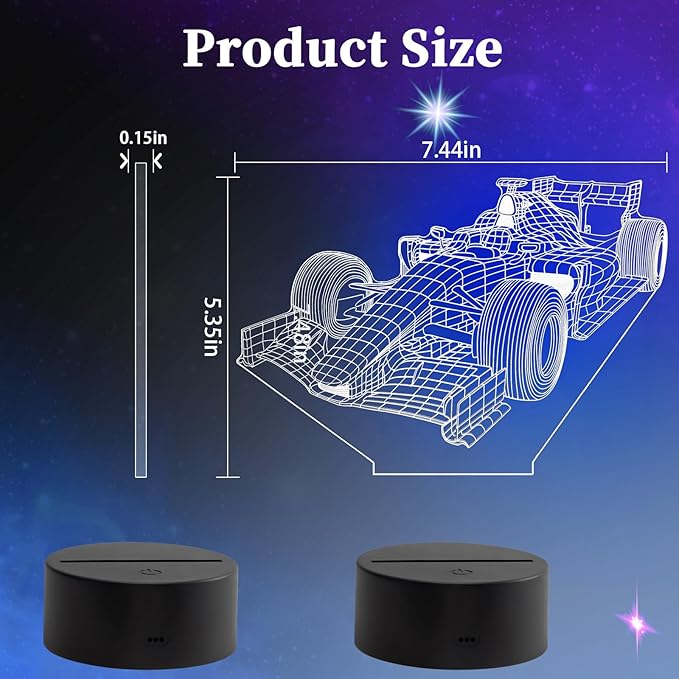Racing Car Night Light, Formula 1 3D LED Night Lamp for Boys - Racing Cars Themed Bedroom Lamps, Optical Illusion Lamp with Remote Control, Perfect for Kids' Room Décor, Cool Gifts for Cars Lovers
