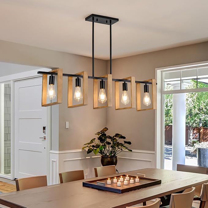 Dining Room Chandelier Farmhouse Kitchen Island Lights Ceiling Hanging 5 Lights Wood and Black Light Fixture Rustic Pendant Lighting 41.3"