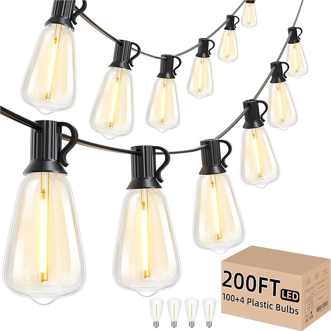 Svater 200 FT Outdoor String Lights LED, Waterproof for Outside Patio | 104 Shatterproof ST38 Dimmable Bulbs, Hanging Lighting For Bistro Market Backyard, ETL Listed 2700K (100 FT *2)