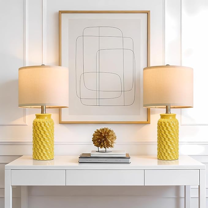 USumkky 20.5" Ceramic Table Lamps Set of 2 - Modern Farmhouse & Boho Style, Bedside Nightstand Lamps for Bedroom, Living Room End Table Lamps, Small Desk Lamp(Yellow)