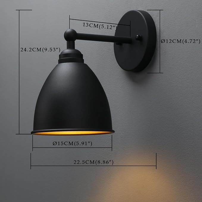 Phansthy Industrial Wall Sconce Matte Black Barn Farmhouse Wall Light Fixture with Metal Lampshade (Right-Angled)