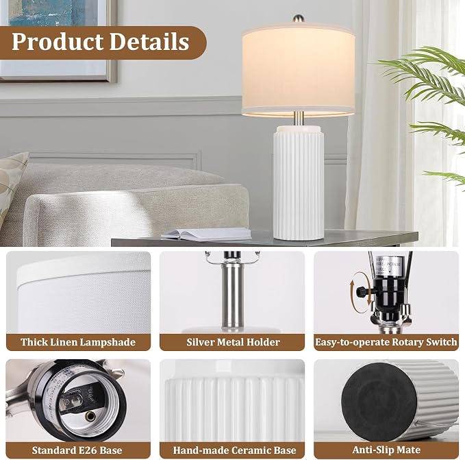 23.5" White Ceramic Table Lamps Set of 2, Modern Nightstand Lamps | Bedside Table Lamps with White Linen Shade, Ideal Size, Farmhouse Home Decor for Living Room Bedroom Office End Table Dorm
