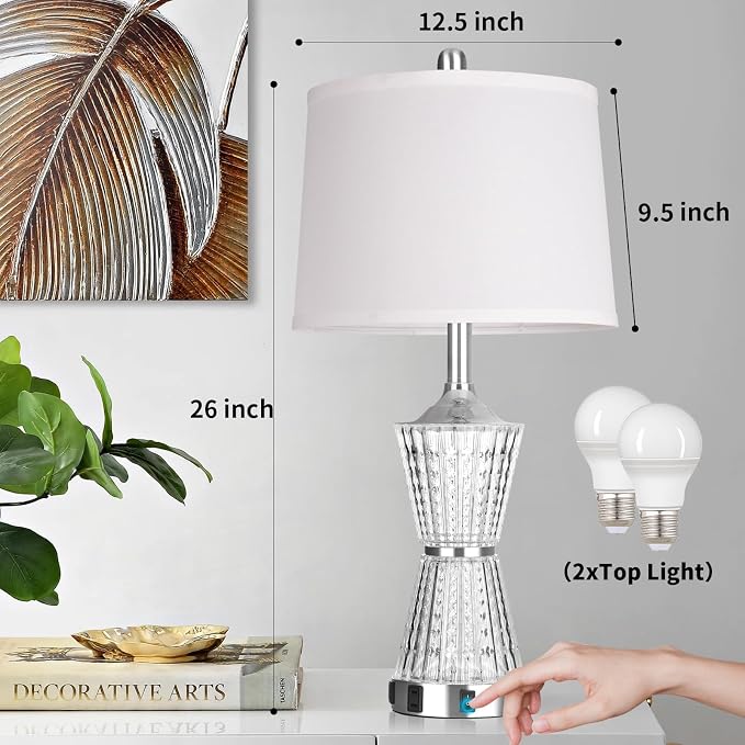 26" Modern Table Lamps, Set of 2 Table Lamp Night Light with 2 USB Charging Ports & AC Outlet, Bedside Nightstand Lamp White Shade for Living Room Bedroom Home Decor Silver(LED Bulbs Included)