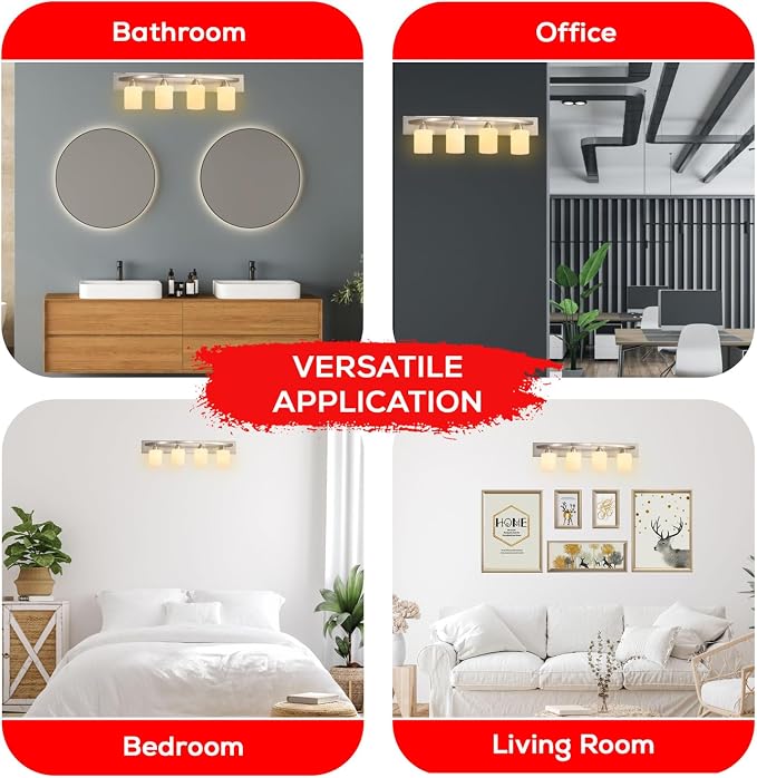 4-Light Bathroom Vanity Bar Light Fixture - Brushed Nickel | Modern Frosted glass shades with E26 socket. Matte Wall sconce lighting perfect over mirror, kitchen, hallway, or entryway