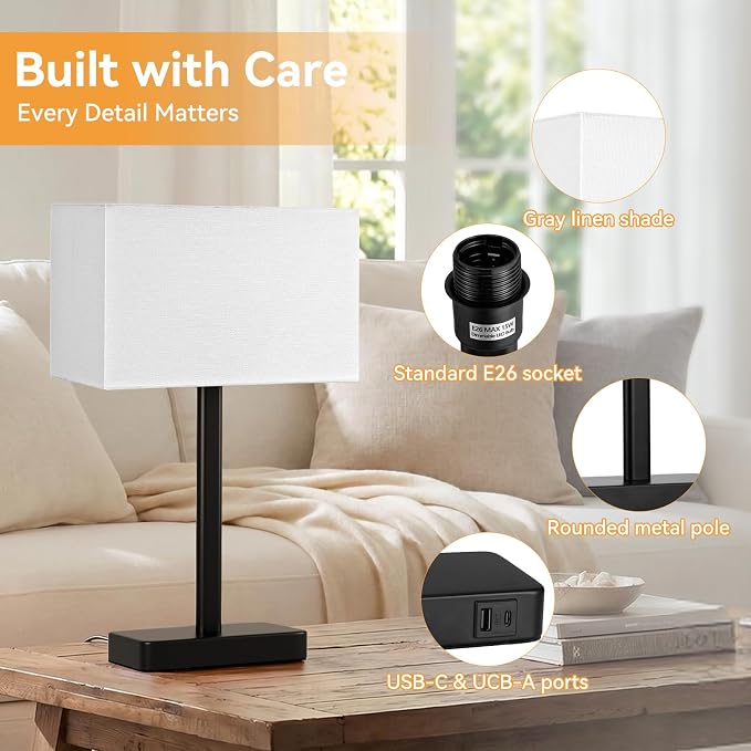 Hong-in Touch Lamps for Bedroom - 3-Way Dimmable Bedside Lamps Set of 2 with USB C+A, White Modern Table Lamp for Night Stands, Desk Lamp for Living Room Nightstand End Tables Bed Side