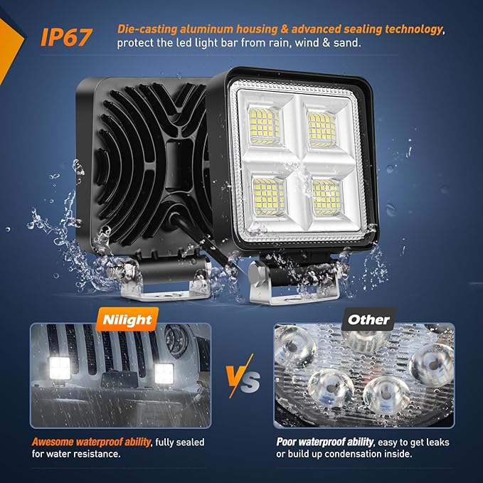 Nilight LED Tractor Lights LED Pods Square 2PCS 4 Inch 64LEDs Flood Light Bar Fog Driving Work Lighting for Truck Off Road Vehicles ATV UTV Boat SUV Van