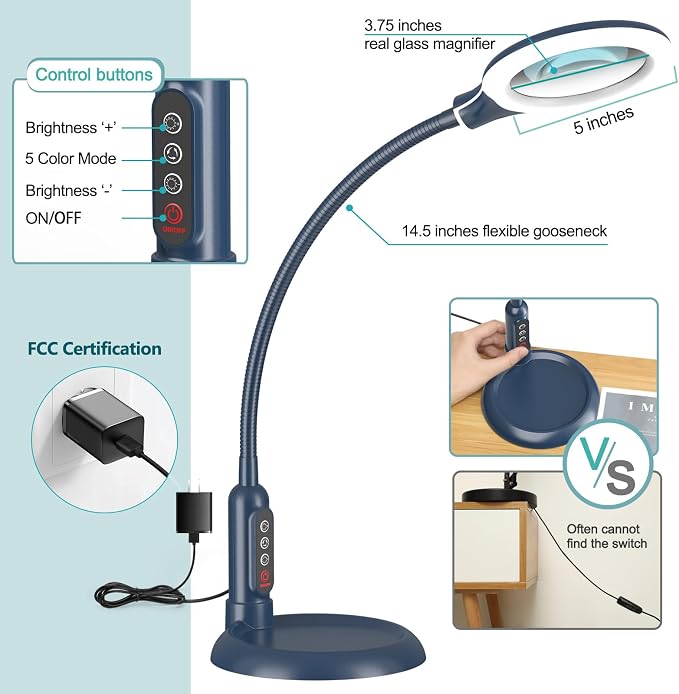 10X Magnifying Glass with Light and Clamp, 5 Color Modes Stepless Dimmable Lighted Magnifier with Stand, Flexible Gooseneck LED Desk Lamp Hands Free for Craft Painting Hobby Close Work - Blue