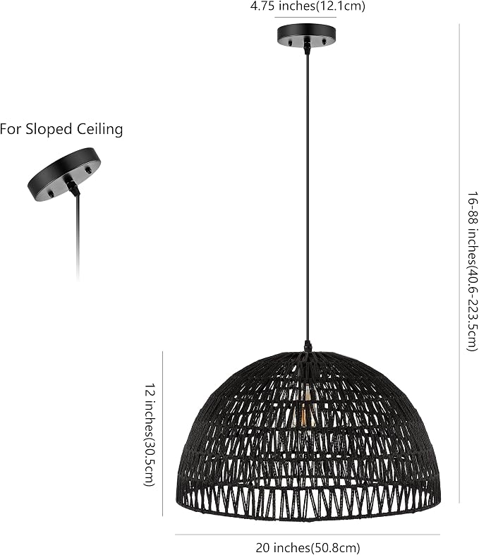 JONATHAN Y Campana 1-Light Pendant Dome Ceiling Lamp, 20", Black | Modern Coastal Farmhouse Decor, Adjustable Height, Woven Rope Metal Frame, LED Bulb Included, UL Listed