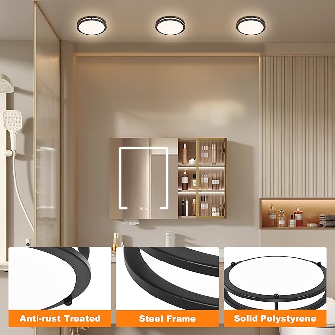 2 Pack 7.5 Inch Round Black Ceiling Light Fixture for Hallway Bedroom - 7.5” Black LED Flush Mount Ceiling Lamp Set of Two 2700K/3000K/3500K/4000K/5000K LED Kitchen Bathroom Light 12W