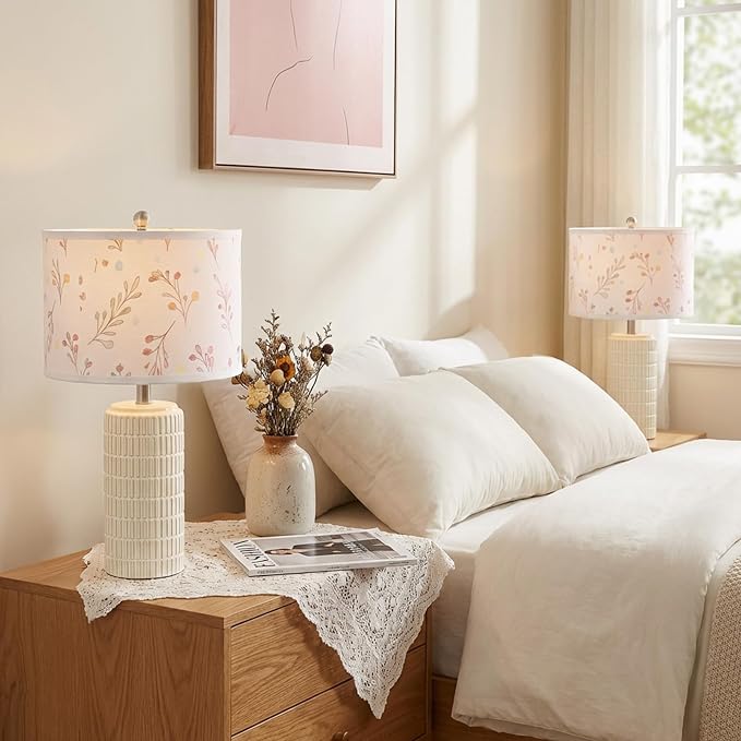 PoKat 23'' Table Lamp with Flower Lampshade for Night Stands, Birthday Gifts for Women Mom, House Warming Gifts New Home Decor, Ceramic Lamp for Living Room, Modern Bedroom Lamp for Nursery