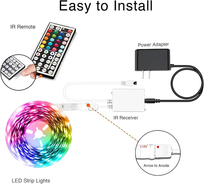 dalattin Led Lights for Bedroom 50ft, RGB 5050 Led Strip Lights Color Changing Kit with 44 Keys Remote Controller and 12V Power Supply Led Light Strips Indoor Decoration