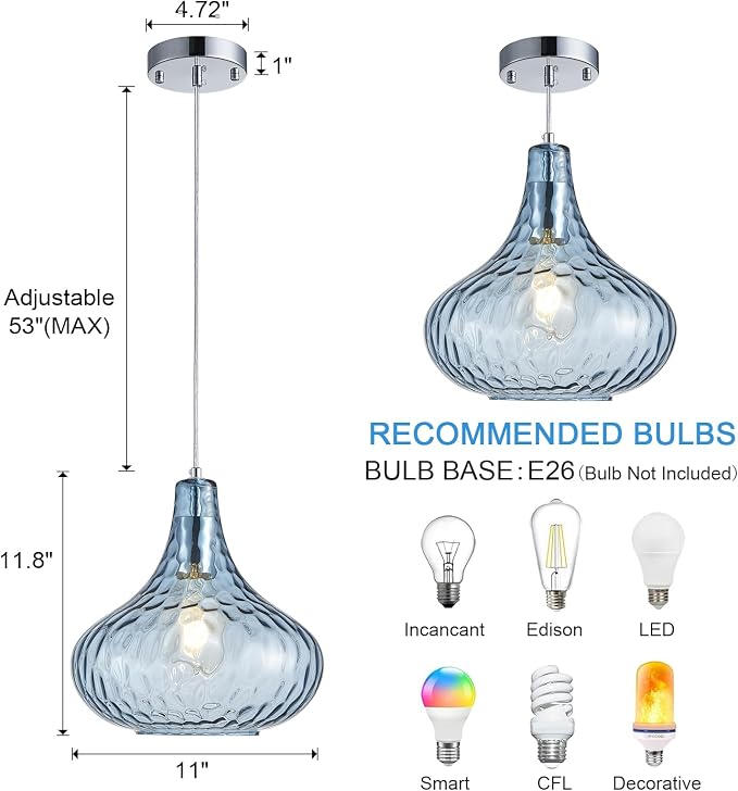 11 Inch Blue Hammered Glass Pendant Light Brushed Nickel Ceiling Lamp | Adjustable hanging cord, warm soft diffused light, decor for dining space, kitchen island, hallway and living room