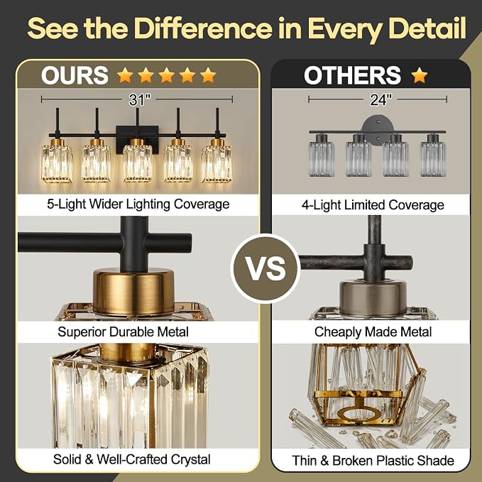 Torondo Modern Crystal Bathroom Vanity Light 5-Lights Gold Bathroom Light Fixtures Over Mirror Black and Gold Vanity Lighting Fixtures Gold Square Shade Brass Wall Sconce (Bulbs Not Include)