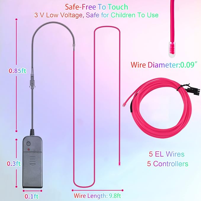 EL Wire 5 Pack-9.8ft Portable Neon Rope Lights Strip-Wearable Battery Pack Body Lights-360°Illumination-Super Bright-Cuttable-DIY Halloween Christmas Party Bar Cosplay Costume