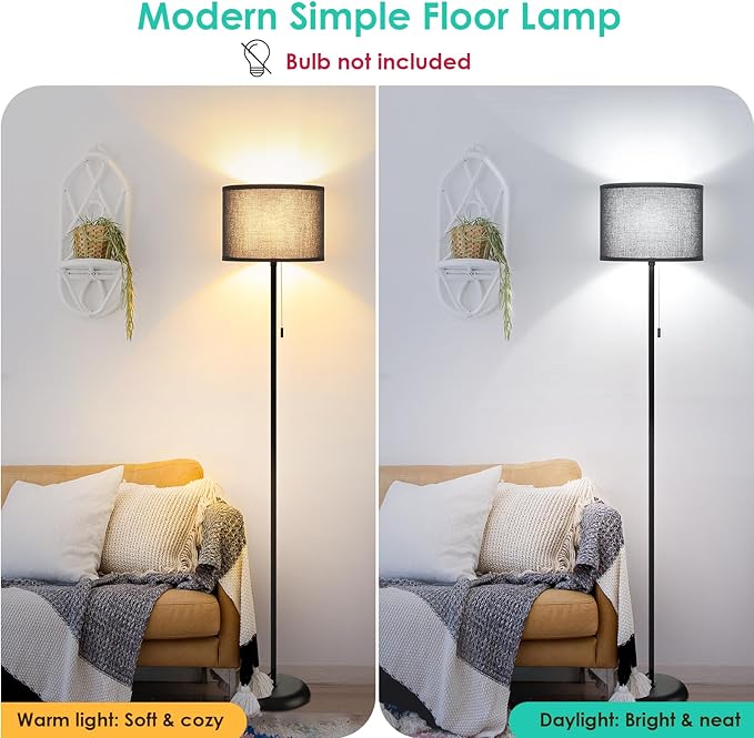FOLKSMATE Floor Lamp for Living Room, LED Modern Simple Standing Lamp, Black Tall Lamps for Bedroom, Living Room, Office, Kids Room and Reading, Minimalist Pole Lamp with Shade, Without Bulb