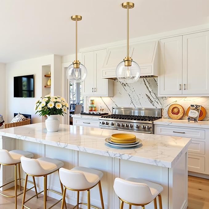 1 Pack 7.2-Inch Globe Pendant Lights, Mid Century Gold Pendant Light Fixtures, Globe Pendant Lights Kitchen Island with Milk Glass Shade Adjustable Hanging Fixture for Dining Room (Bulbs not Included)